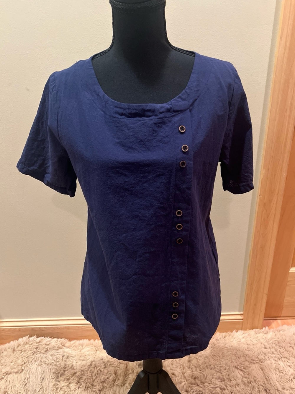 Women’s Navy Short Sleeve Shirt Loose Top Cotton Summer Pullover Side Buttons Sm